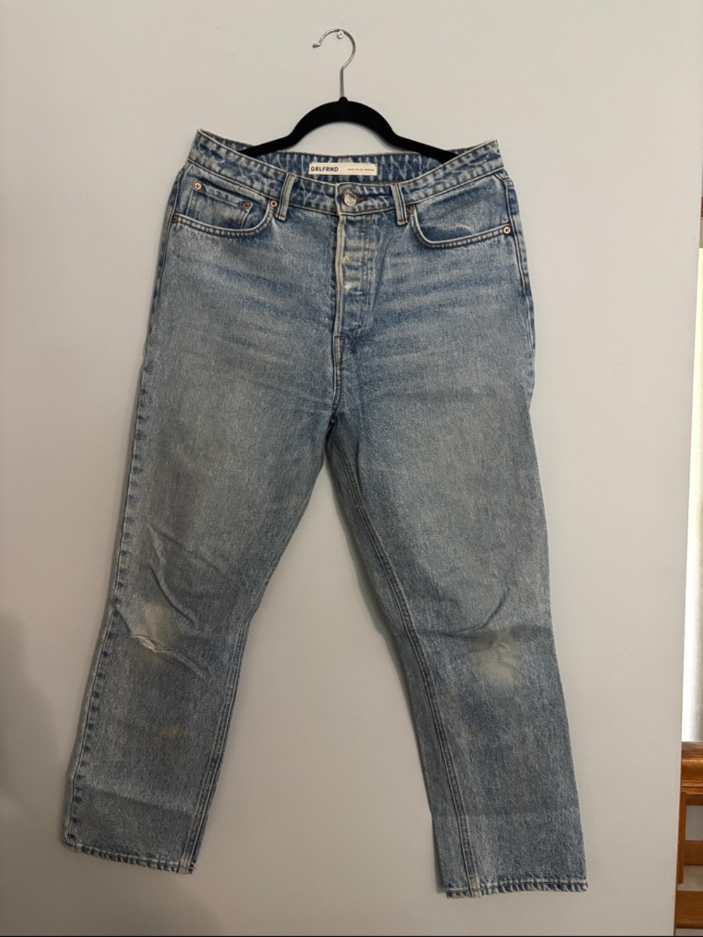 GRLFRND High Rise Straight Leg Jeans - Light Blue Wash